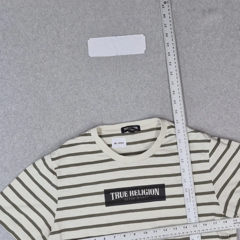 True Religion Men Shirt M White Striped Spellout Logo Short Sleeve